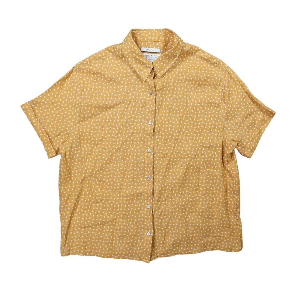 Rachel Zoe Button Up Women S Yellow Excellent 100% Linen Polka Dot Short Sleeve